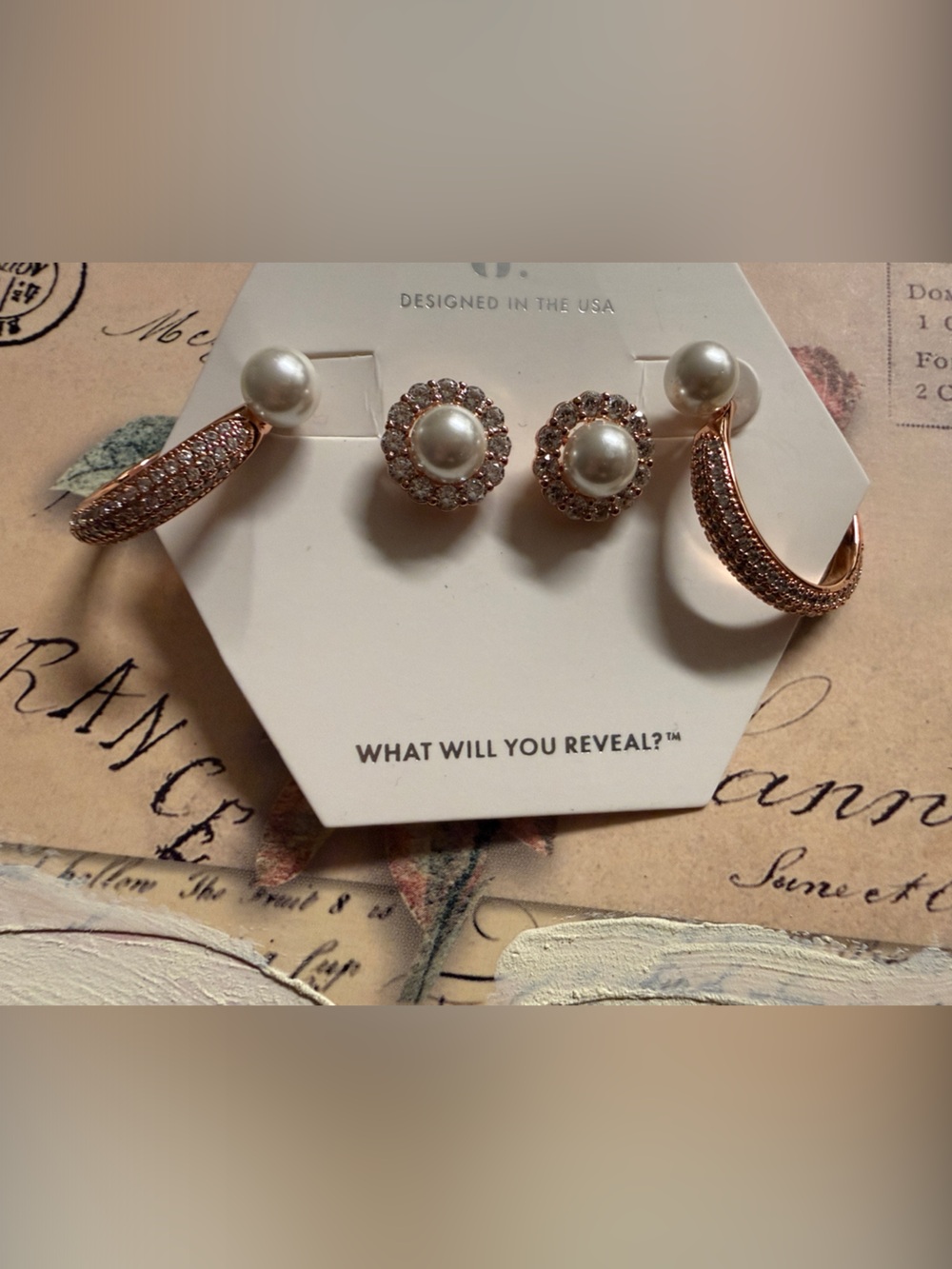 Rose Gold Pearl and Crystal Earring Set